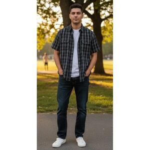 Pendleton Men's Black Plaid Button Up Short Sleeve Shirt Cotton‎ Preppy Casual